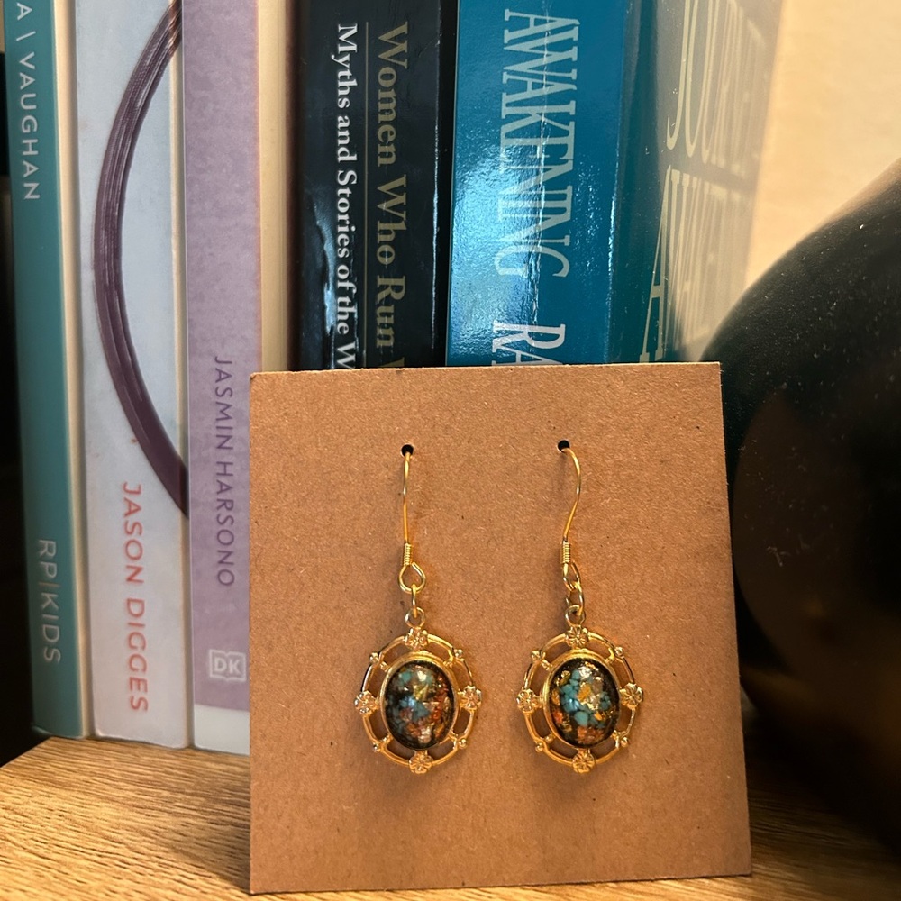 ✨ VTG, Rainbowflake Earrings Pierced Dangles Turquoise Gold Flakes - Picture 2 of 15